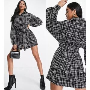 ASOS Women’s Belted Mini Shirt Dress in Mono Boucle Black Long Sleeve Size 6